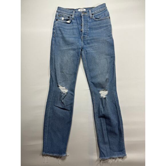 Re/Done Women's Button Fly Distressed Tapered Leg Blue Denim Jeans - Size 26x26 - Picture 1 of 6